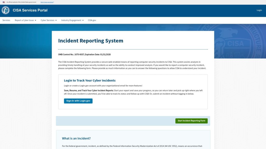 CISA Incident Reporting System login page on a blue portal, with a Start Incident Reporting Form button and a Sign-In with Login.gov option