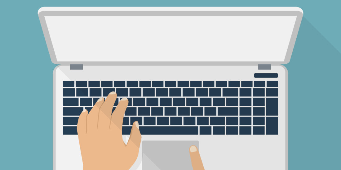 Hands of a man on the laptop keyboard. Vector illustration of flat design. laptop, desk, working. Man using laptop.