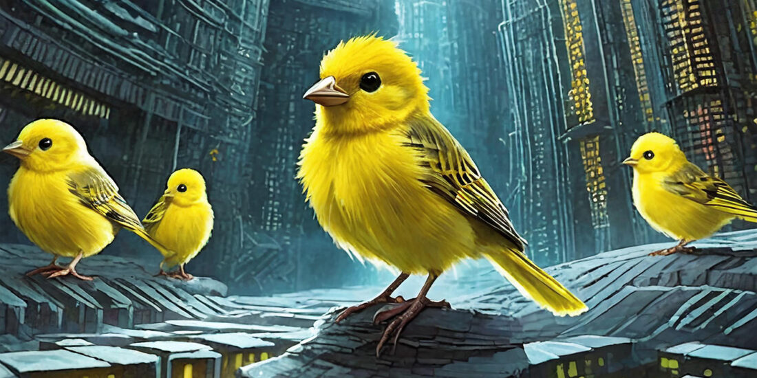 A group of yellow canaries perched on top of a rock. Canary tokens are often used as a security measure to detect unauthorized access to a system. Image created by Firefly AI.
