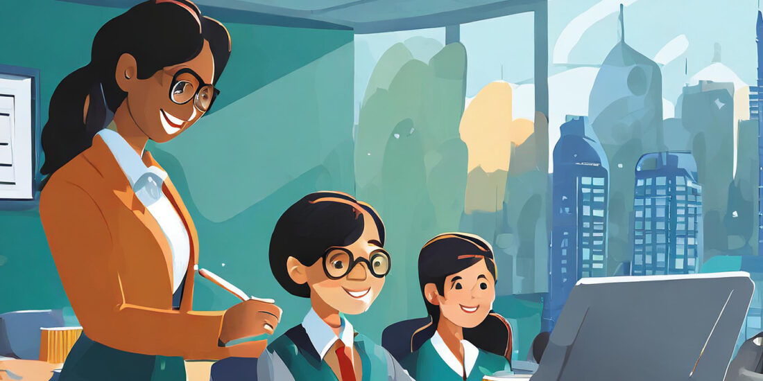 An animated image featuring a cheerful adult educator standing in a classroom with two young students sitting at a desk, all with big smiles. The educator, wearing glasses, a smart orange blazer, and a white shirt, is holding a pencil and looking at a monitor that the students are also gazing at attentively. The students, in matching green school uniforms with red ties, appear engaged and happy. In the background, through large windows, a cityscape with stylized modern buildings is visible, suggesting an urban educational setting. This image represents the integration of AI tools for education, where technology enhances learning experiences. Image made with Adobe Firefly AI.