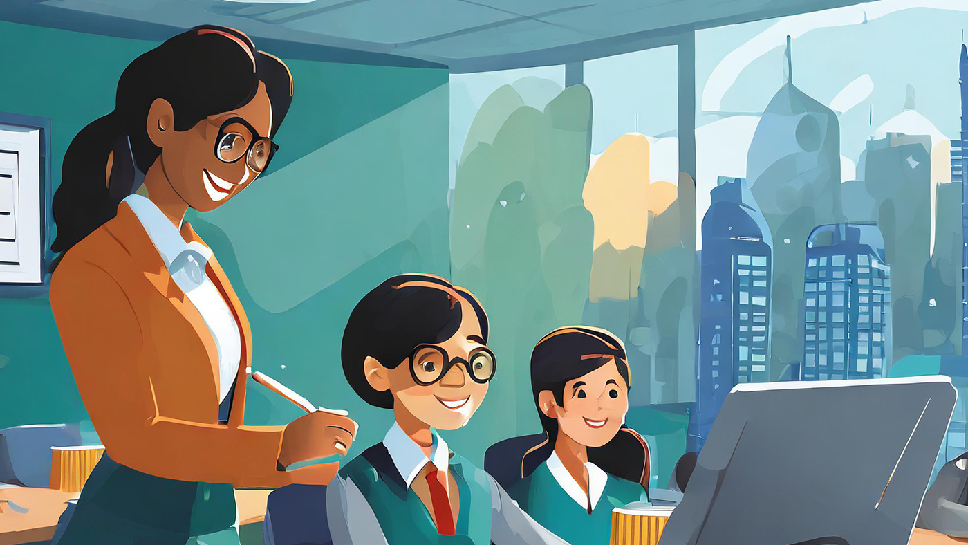 An animated image featuring a cheerful adult educator standing in a classroom with two young students sitting at a desk, all with big smiles. The educator, wearing glasses, a smart orange blazer, and a white shirt, is holding a pencil and looking at a monitor that the students are also gazing at attentively. The students, in matching green school uniforms with red ties, appear engaged and happy. In the background, through large windows, a cityscape with stylized modern buildings is visible, suggesting an urban educational setting. This image represents the integration of AI tools for education, where technology enhances learning experiences. Image made with Adobe Firefly AI.