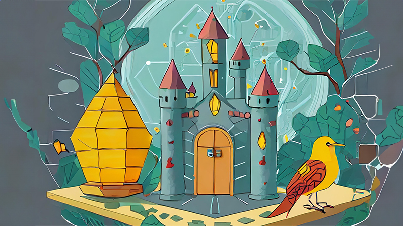 A digital artwork showcasing a honeypot, a cybersecurity tool that mimics a vulnerable system to attract attackers, with a canary token, a hidden indicator of compromise, perched nearby on a shelf. Both the honeypot and the canary token help to detect and deter cyber threats. Image created by Firefly AI.