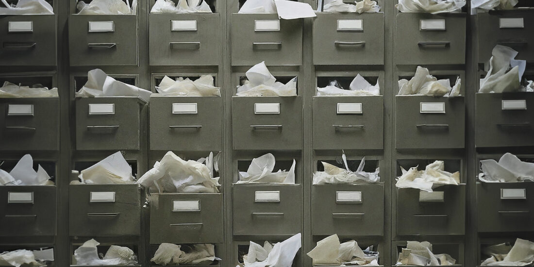 A wall of metal filing cabinets overflowing with paper files. Implementing a document imaging system can help businesses declutter their physical files and improve document management. Image created with the help of ImageFX.
