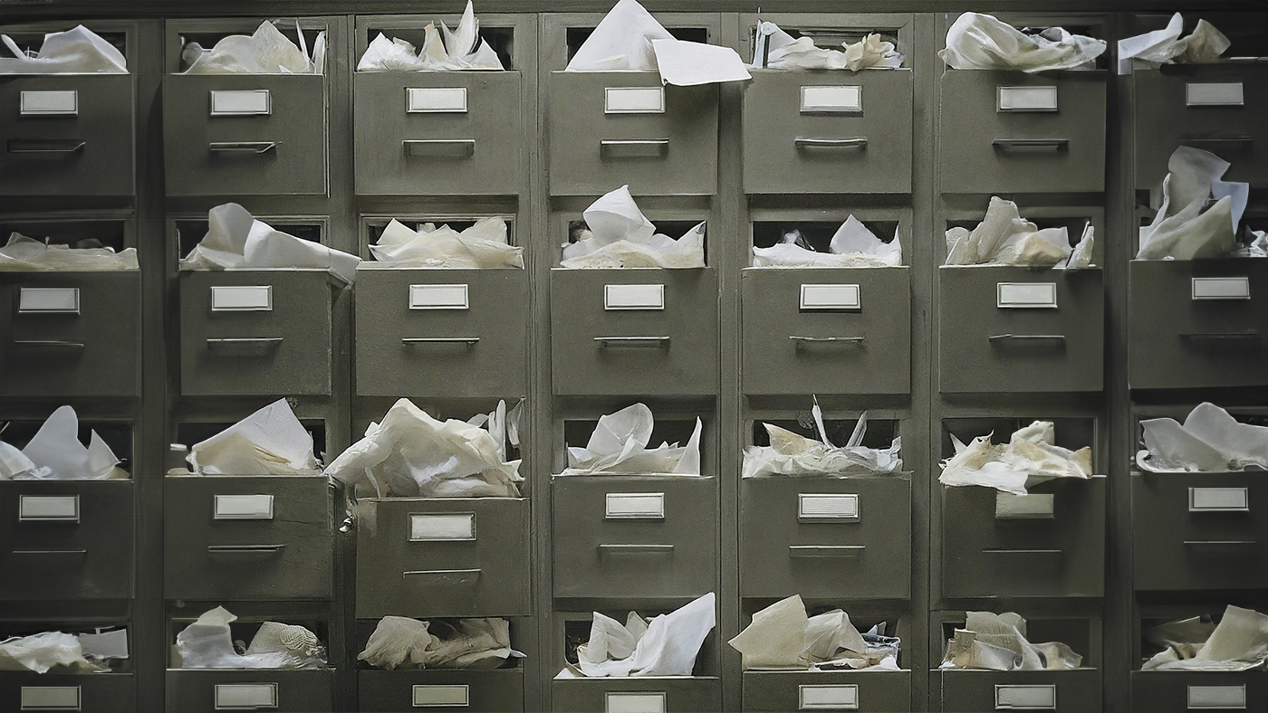 A wall of metal filing cabinets overflowing with paper files. Implementing a document imaging system can help businesses declutter their physical files and improve document management. Image created with the help of ImageFX.