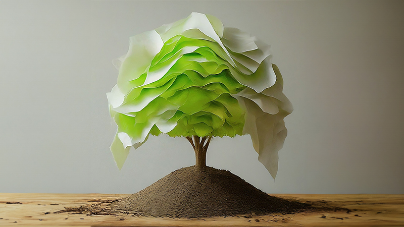 A symbolic tree made of paper, planted in dirt, representing the foundation of a document imaging system. Converting paper documents into digital files can help businesses reduce their physical footprint and become more environmentally sustainable. Image created with the help of ImageFX.