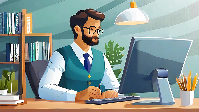 An illustrated image of a male teacher with a beard, wearing glasses, a white shirt, and a green sweater vest with a blue tie, sitting at a wooden desk and working on a computer in a well-lit, modern classroom. The desk has a cup filled with pencils and there are potted plants adding a touch of greenery to the room. A bookshelf filled with books is in the background. This image depicts the teacher using AI tools for education to plan lessons or assess student work, showcasing the harmonious blend of traditional teaching with innovative technology. Image created with Adobe Firefly AI.
