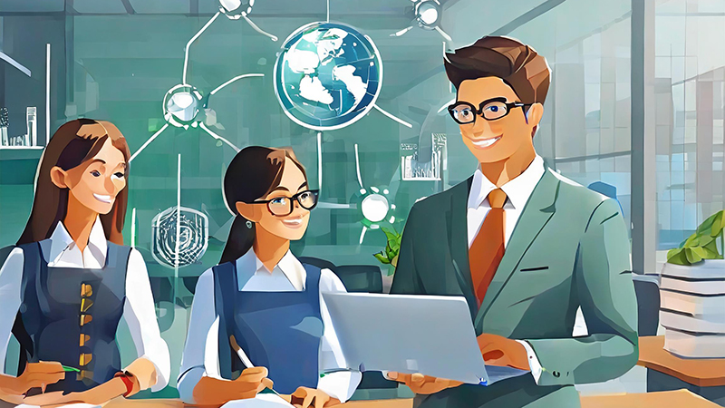 An animated image of a classroom setting where two students and a teacher are engaged with AI tools for education. The teacher, dressed in a smart green suit and glasses, holds a laptop, showing something of interest to the students. One student, wearing glasses, looks on intently, while the other smiles broadly, holding a pen, ready to take notes. Above them, holographic images of a globe and network connections symbolize the global and interconnected nature of modern education. The classroom is bright and futuristic, with glass walls and lush plants, indicating a progressive learning environment. Image made with Adobe Firefly AI.