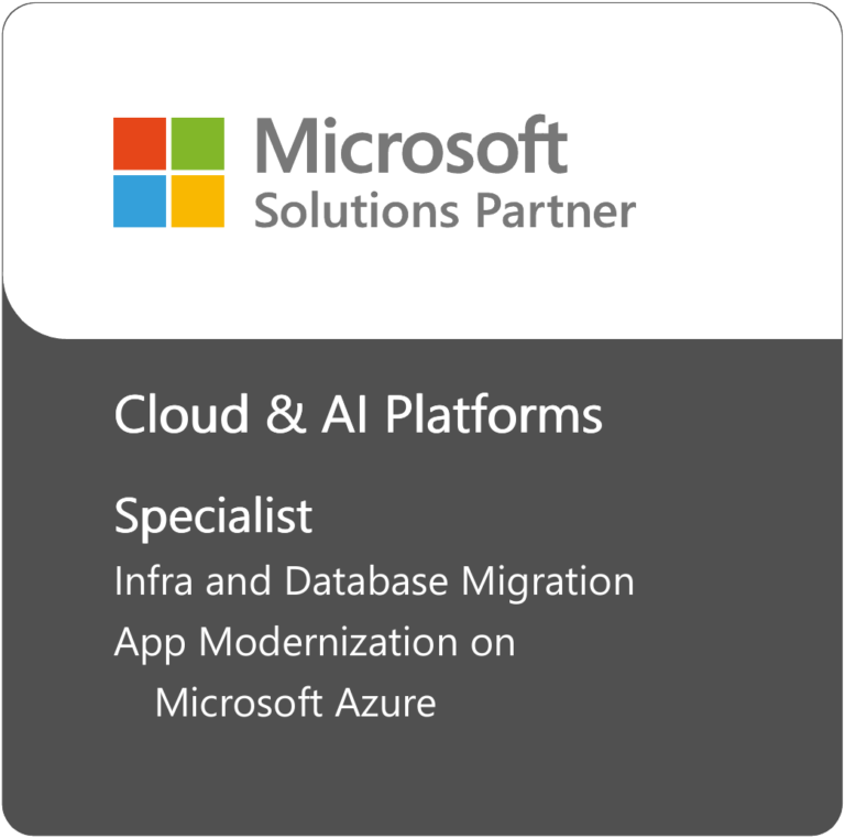 Microsoft Solutions Partner banner announcing a Cloud & AI Platforms Specialist for Azure infra, database migration, and app modernization.