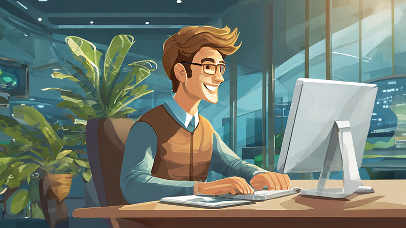 A cheerful man with glasses working at a computer desk, indicative of a customer-focused approach in a hardware managed services setting, with indoor plants in the background suggesting a pleasant and modern office environment. Image created with Adobe Firefly AI. 