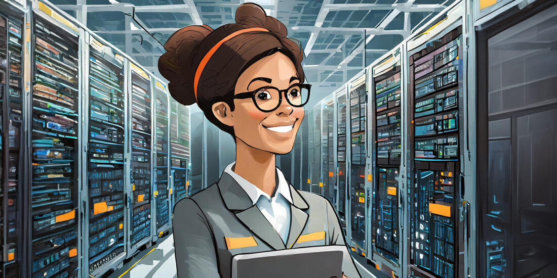 Confident professional woman with glasses and a bun smiling in front of server racks, holding a tablet. The hardware managed services environment showcases high-density data storage and advanced IT infrastructure with a modern, technological ambiance. Image created with Adobe Firefly AI.