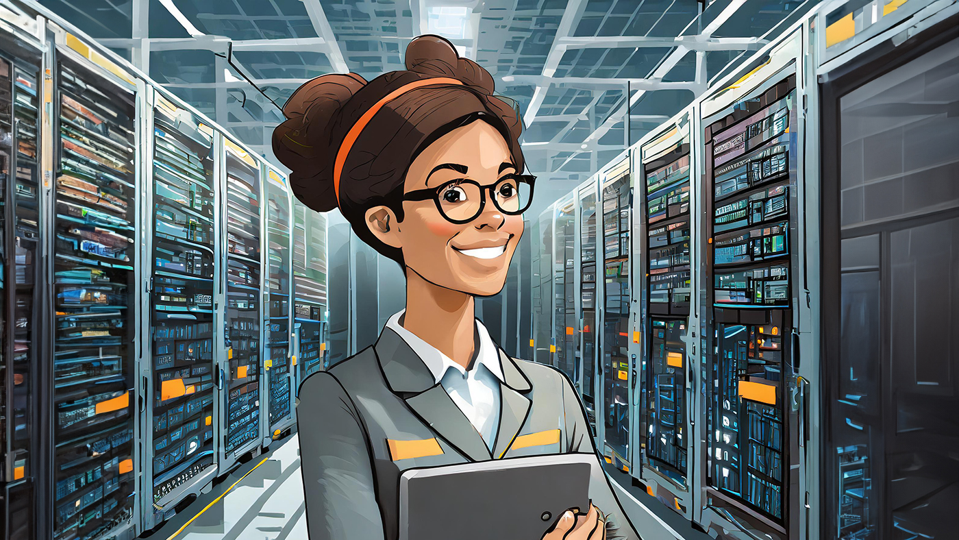 Confident professional woman with glasses and a bun smiling in front of server racks, holding a tablet. The hardware managed services environment showcases high-density data storage and advanced IT infrastructure with a modern, technological ambiance. Image created with Adobe Firefly AI.