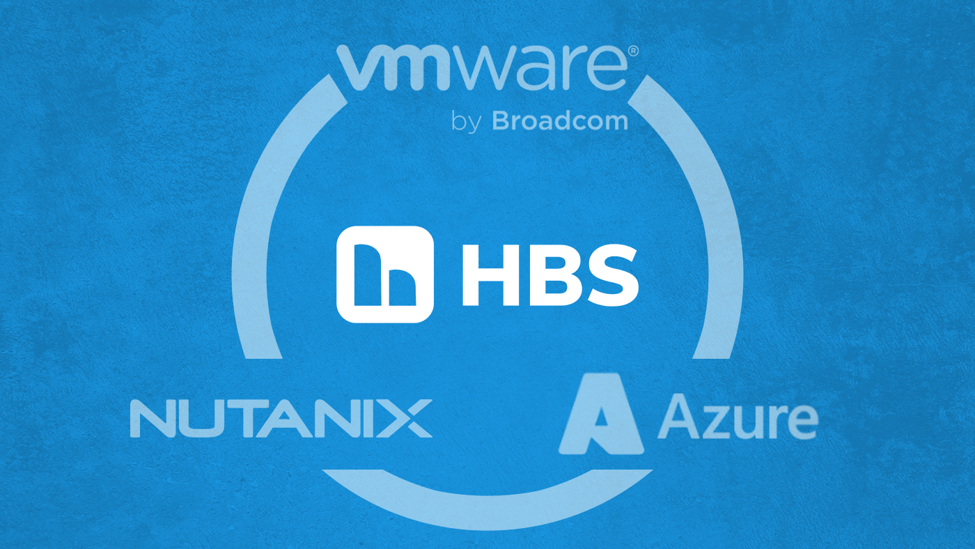 Logos of HBS, VMware, Nutanix, and Azure superimposed over a blue textured background.