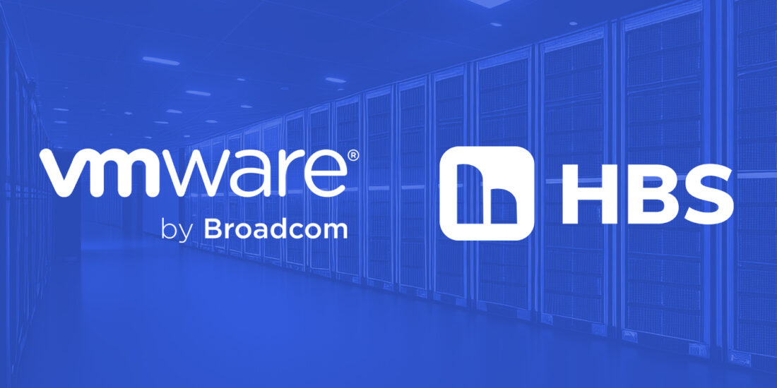 Servers in the background, overlayed with blue with the VMware and HBS logos superimposed on top.