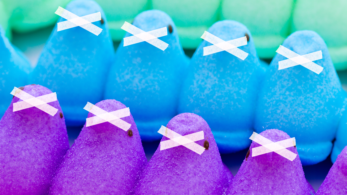 Two rows of blue and purple marshmallow Peeps with tape covering their beaks. This indicates that NAC Authentication method shouldn't be PEAP, but rather the more secure EAP-TLS.