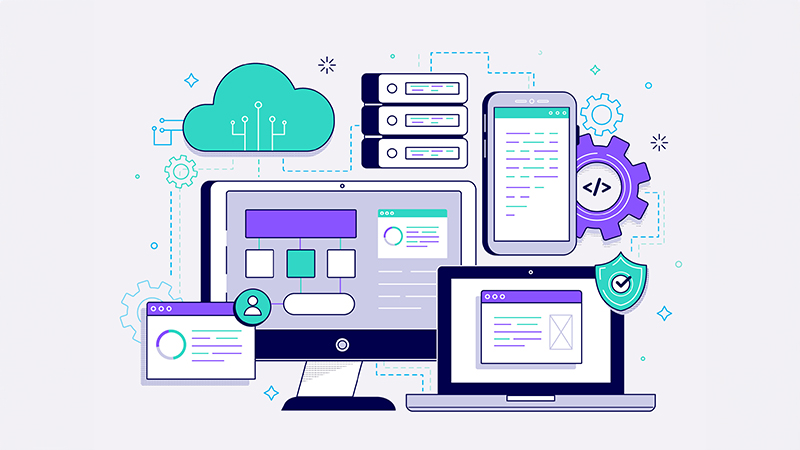 Illustration of SaaS operations management concept featuring various devices, including a desktop computer, laptop, tablet, and smartphone, interconnected with abstract network lines and icons. The central computer displays graphs and data, while the cloud symbol above signifies cloud computing. Additional icons such as gears, circuitry, user profile, and shield represent automation, technology infrastructure, user management, and security respectively, emphasizing the integrated nature of SaaS solutions.