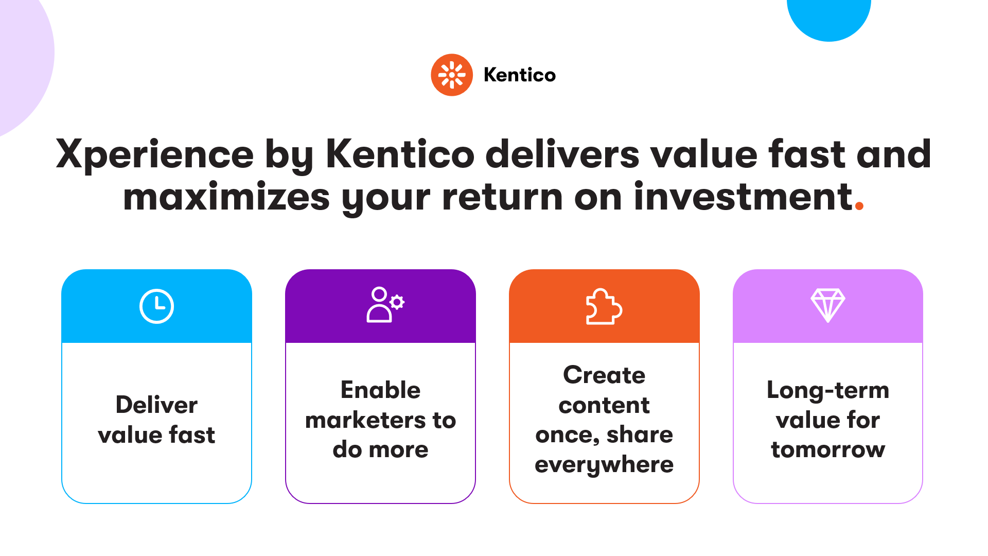 The image is a promotional graphic for "Xperience by Kentico," emphasizing the value and return on investment it offers. There is a headline at the top that reads, "Xperience by Kentico delivers value fast and maximizes your return on investment." Below the headline, there are four colorful icons with text, arrayed in a grid. 1. A blue icon with a clock symbol, labeled "Deliver value fast." 2. A purple icon with a figure and gear symbol, labeled "Enable marketers to do more." 3. An orange icon with a puzzle piece symbol, labeled "Create content once, share everywhere." 4. A violet icon with a diamond symbol, labeled "Long-term value for tomorrow." The Kentico logo is displayed in the top right corner. The design uses a simple and clean layout with flat icons and a limited color palette of blue, purple, orange, and violet, with each icon having a corresponding color.