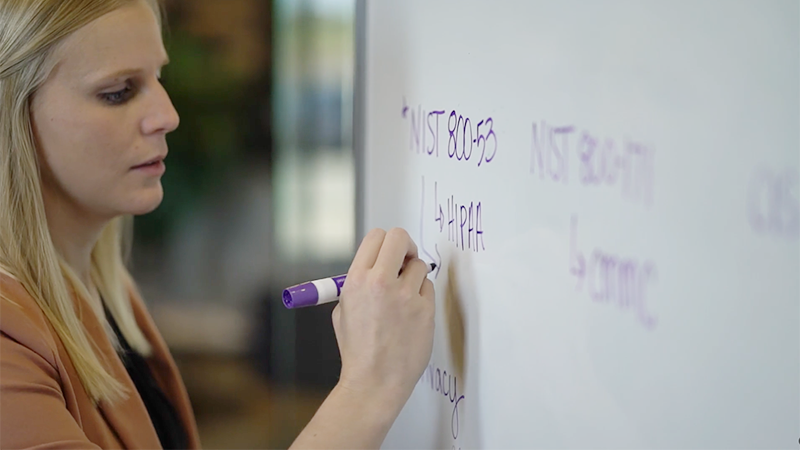 Female at a white board breaking down cybersecurity framework, highlighting NIST 800-53.