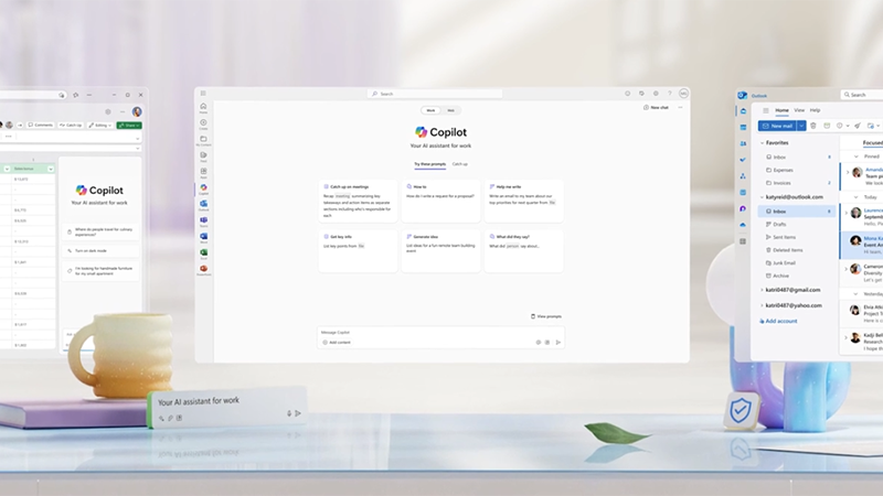 The image shows a digital workspace with three application windows open on a computer desktop, all featuring Microsoft Copilot.