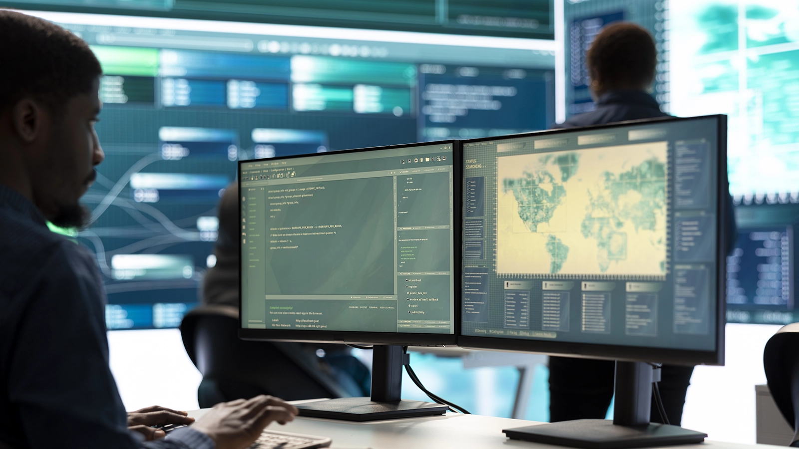 A cybersecurity analyst seated at a workstation with dual monitors displaying global threat maps and analytical dashboards in a command center-like setting.