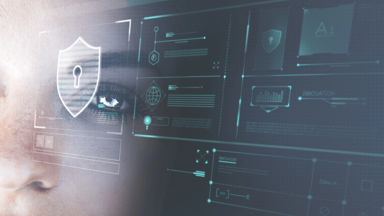 Close-up of a person's face overlaid with digital security graphics, including a shield icon with a lock and various data panels, representing cybersecurity and advanced analytics.