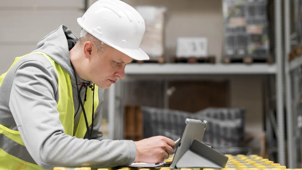 Worker in a warehouse wearing a hard hat and safety vest, using a tablet connected to a private cellular network for efficient task management. Worker in a warehouse wearing a hard hat and safety vest, using a tablet connected to a private cellular network for efficient task management.