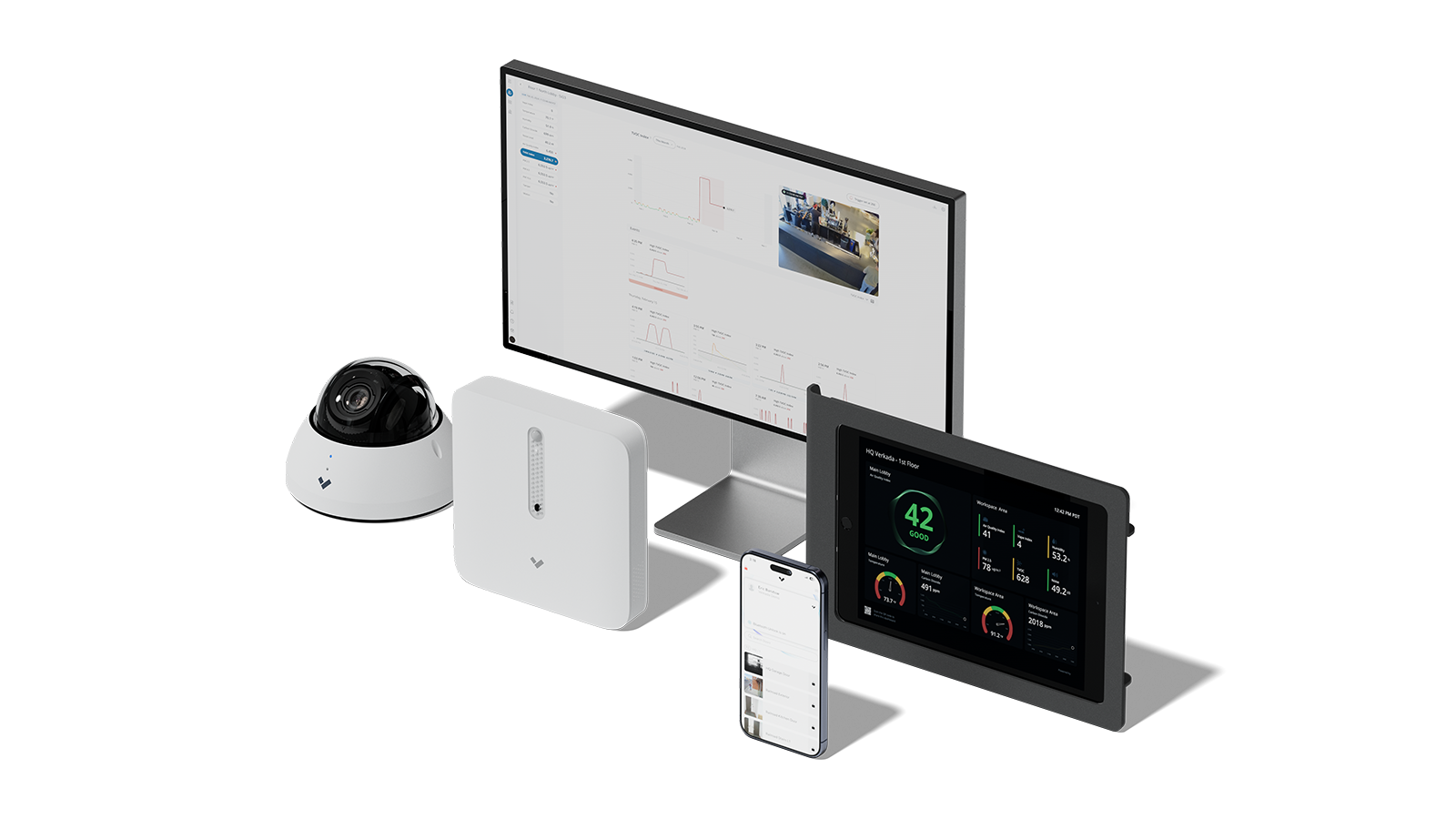 A collection of Verkada environmental monitoring devices, including vape detectors for schools, paired with user-friendly dashboards and integration capabilities for a safer campus.