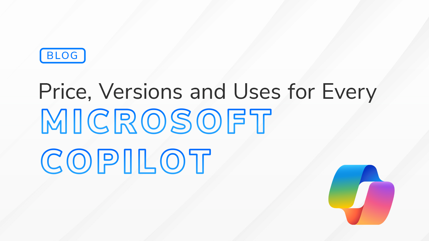 Microsoft Copilot: Price, Versions, and Uses with Microsoft Copilot logo in the bottom right corner.