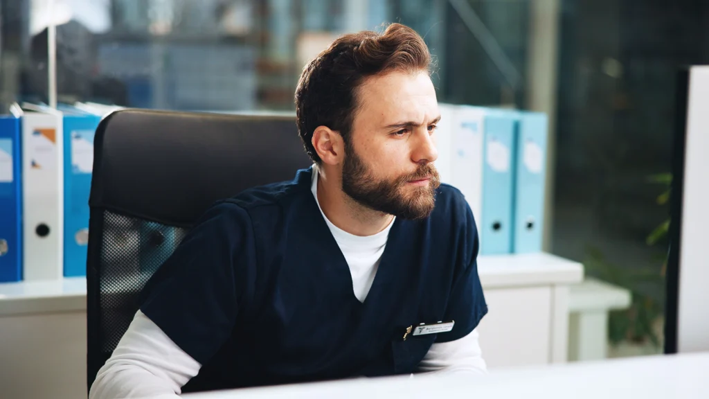 Medical personnel working in a medical office working with AI workloads on premise.