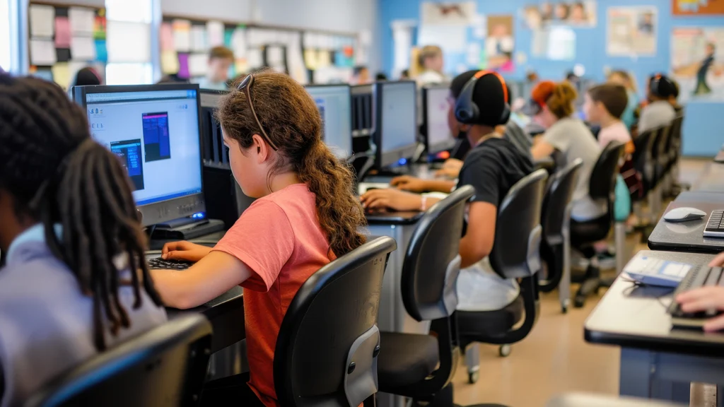 back view of kids working at computers in school computer lab