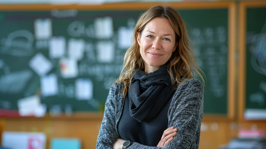 female teacher with brunette hair folds her arms across her chest and smiles for a photo in front of a chalk board in a classroom