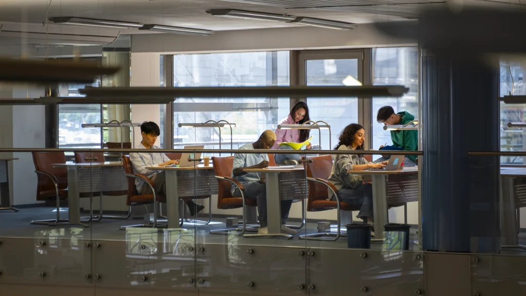people studying in library. Dark view with overhead lights turned on above the people. Large windows are behind them and it is daylight outside