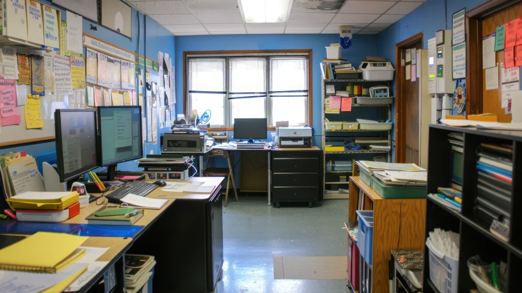 teacher's office full of school materials and desks