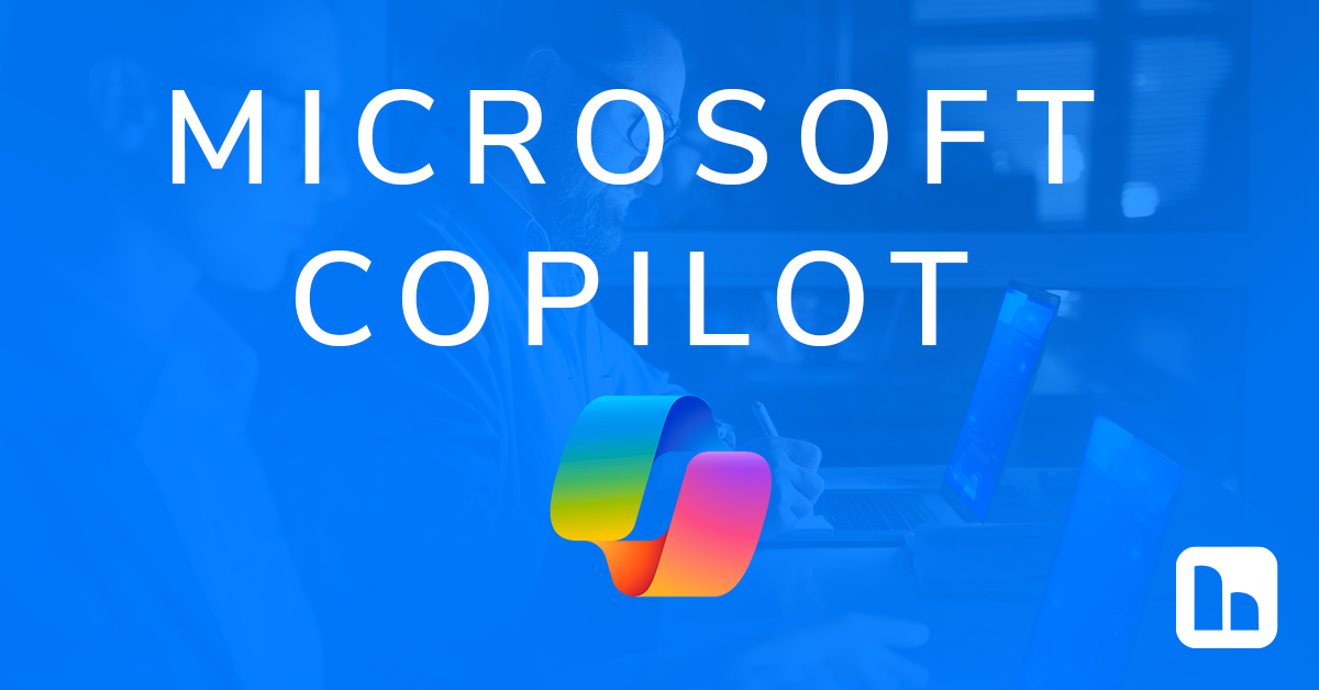 HBS MS Copilot graphic. A blue gradient overlays a photo of two people sitting at desks next to each other and working on laptops. "Microsoft Copilot" is displayed in white with the full color Copilot logo icon below it and the white HBS logo in the bottom right corner