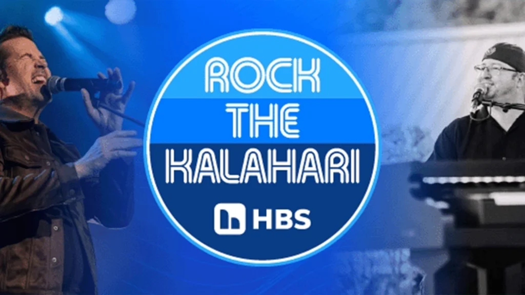 Rock the Kalahari graphic. Blue logo over photo of a man singing and another man playing a keyboard