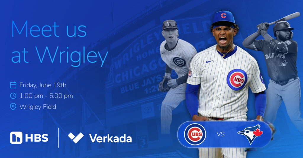 HBS and Verkada Cubs game at Wrigley graphic. Dark blue gradient background with cutout photos of Cubs players on the right. "Meet us at Wrigley" is displayed on the left in a light blue gradient font with the game information below it in a thin white text. The white HBS and Verkada logos are below it