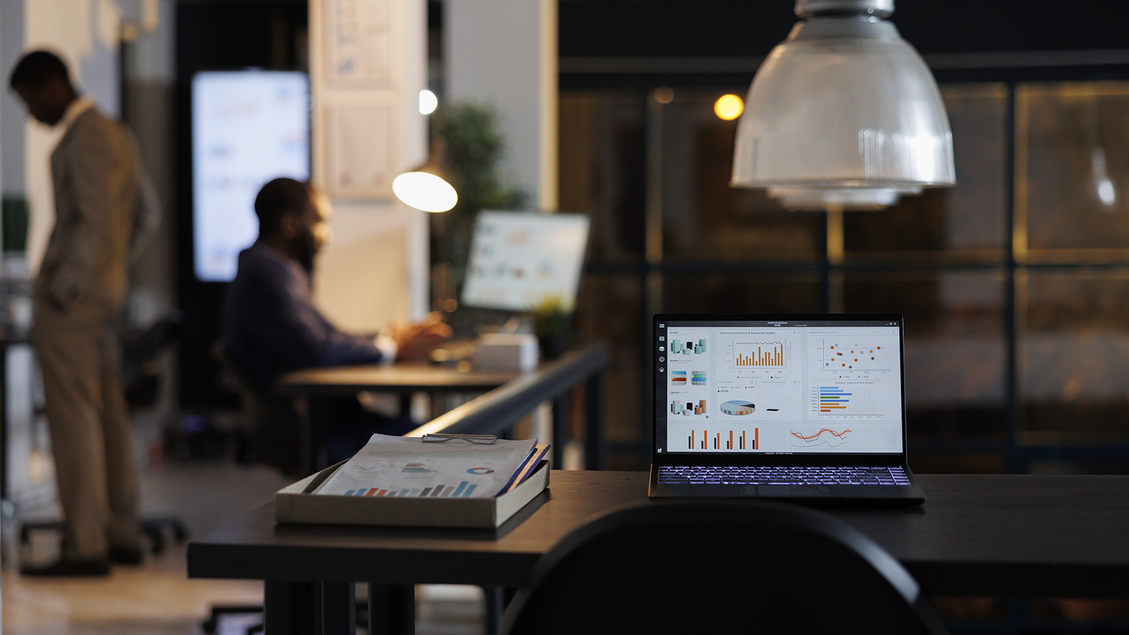 Business analytics dashboard displaying AI risk data in a modern office environment