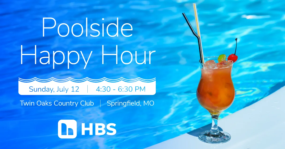 Poolside Happy Hour banner with a tropical drink and pool background; event details: Sunday, July 12, 4:30–6:30 PM at Twin Oaks Country Club, Springfield, MO.