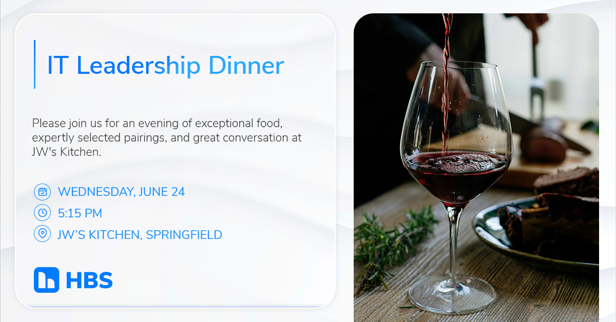Invitation card for IT Leadership Dinner with date, time, and venue on the left; a glass of red wine being poured on the right.