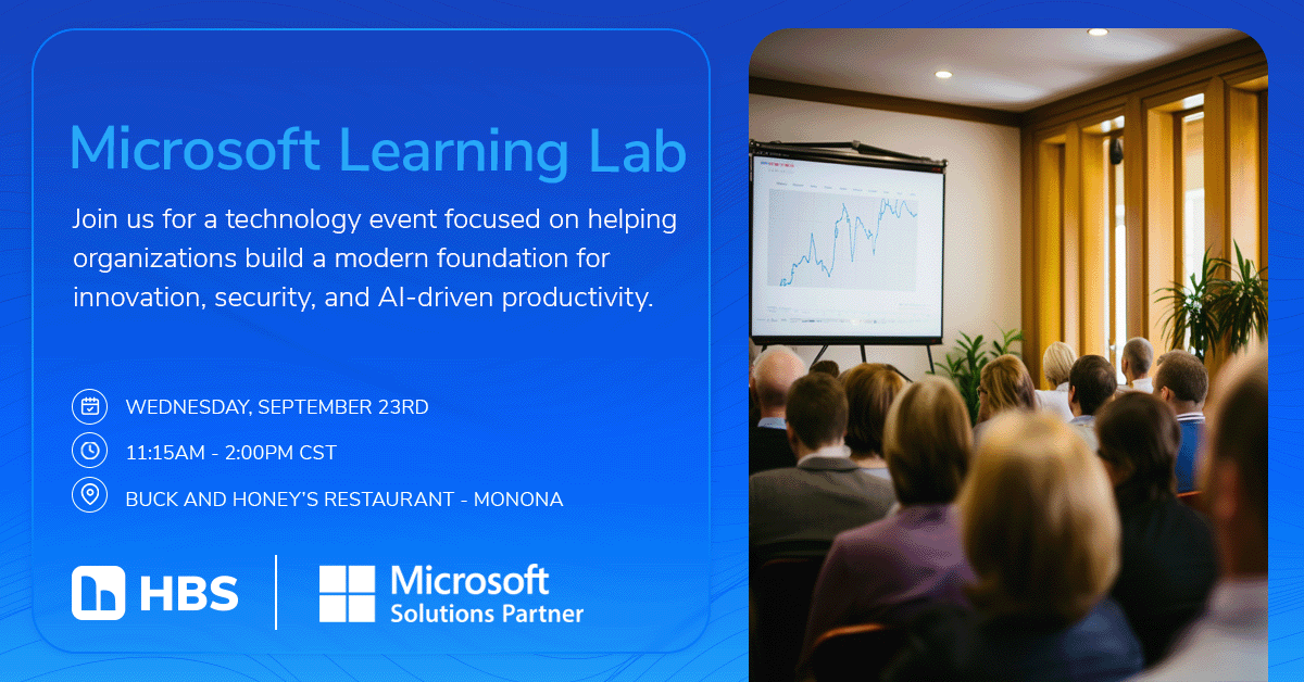 Banner-style event panel: 'Microsoft Learning Lab' with date, time, and venue details on a blue panel; audience viewing a presentation on the right.