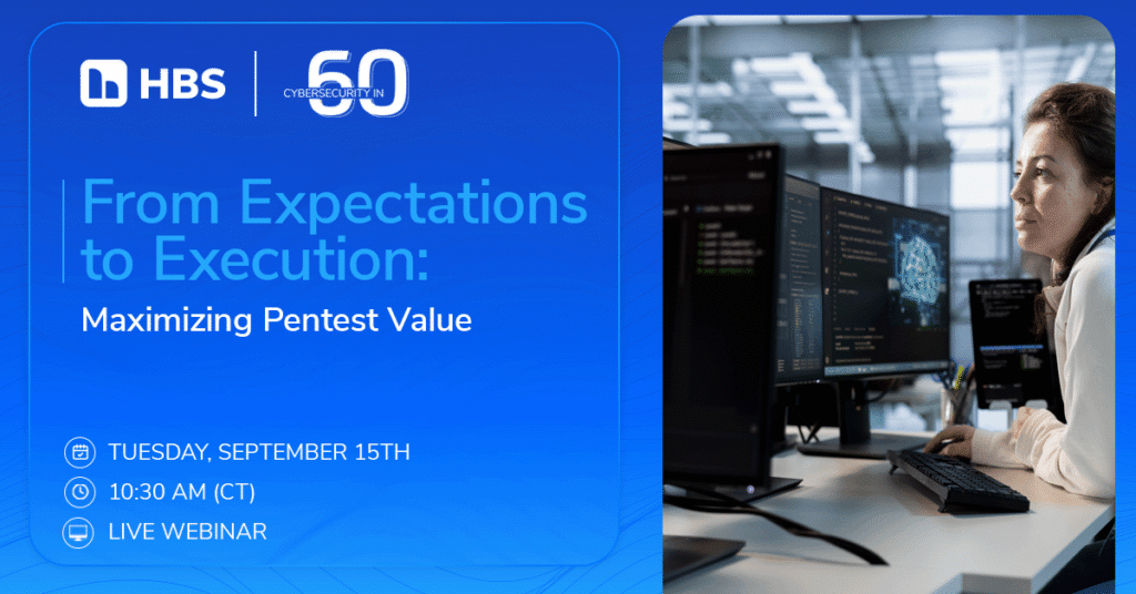 Webinar banner: 'From Expectations to Execution: Maximizing Pentest Value' with date and time; blue left panel, woman at computer monitors on the right and a data-center vibe.