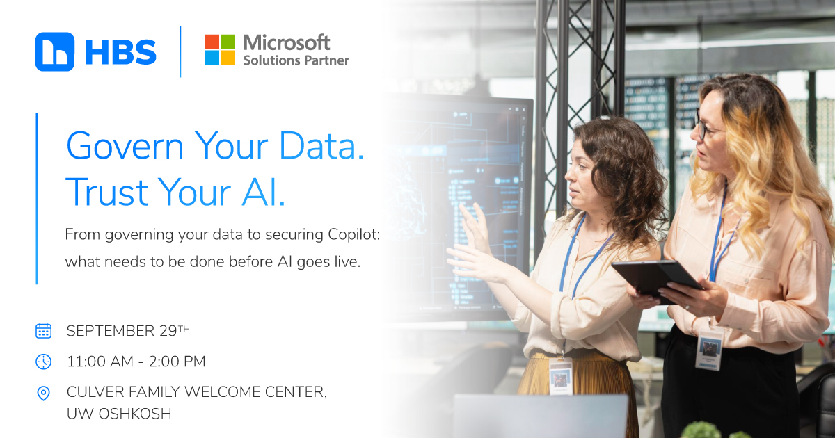 Event banner with HBS and Microsoft logos, headline 'Govern Your Data. Trust Your AI.' and event details; two women review a large screen in a data lab on the right.