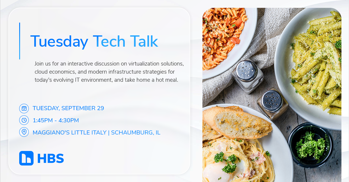 Promotional banner for Tuesday Tech Talk with date, time, and venue on a rounded white card beside pasta dishes on the right side.