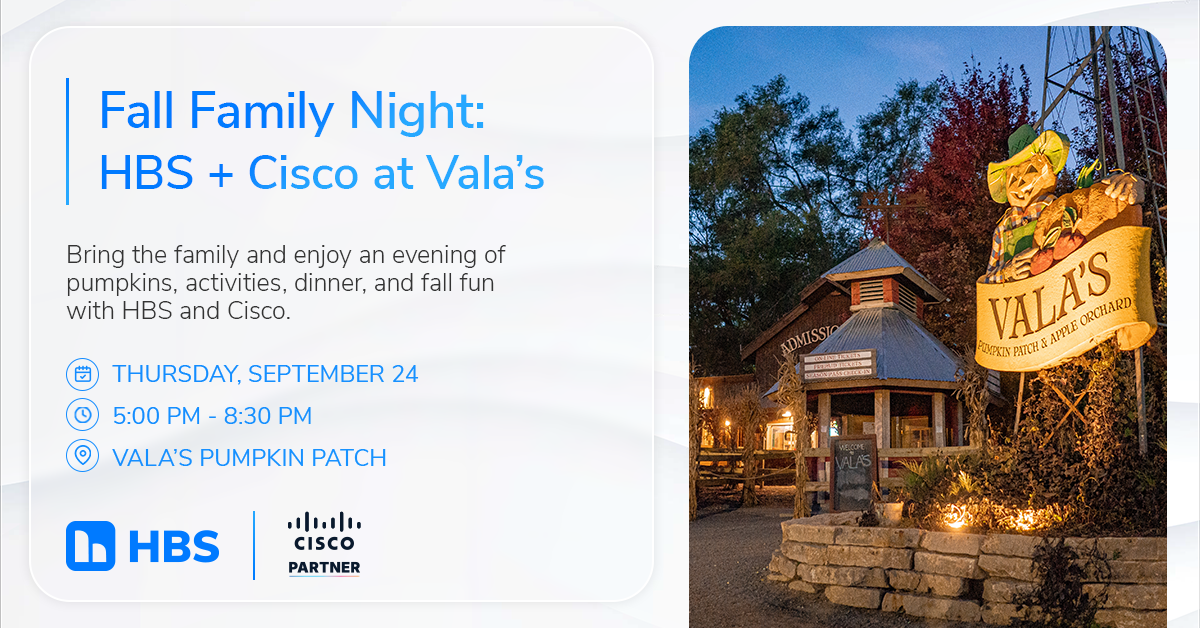 Promotional card for Fall Family Night: HBS + Cisco at Vala's, with date, time, and location, next to a dusk photo of Vala's Pumpkin Patch sign.