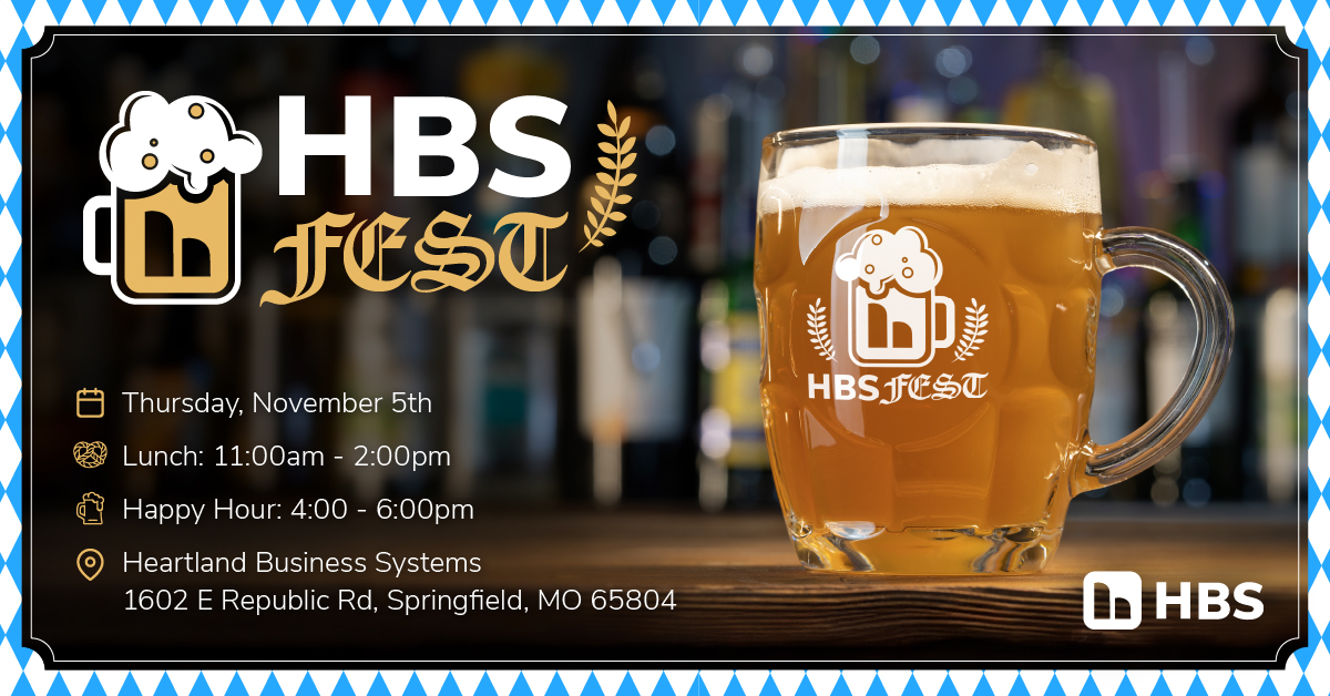 Promo flyer for HBS Fest with a beer mug logo, announcing Thursday, November 5th; lunch 11:00am–2:00pm; happy hour 4:00–6:00pm; at Heartland Business Systems, 1602 E Republic Rd, Springfield, MO 65804.