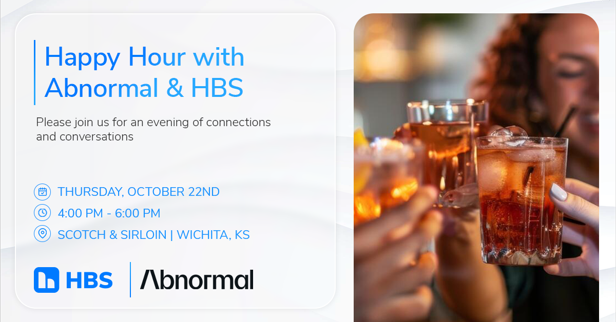 Promotional flyer for Happy Hour with Abnormal & HBS: Thu Oct 22, 4:00–6:00 PM at Scotch & Sirloin, Wichita, KS; left panel shows details, right panel shows people clinking drinks.