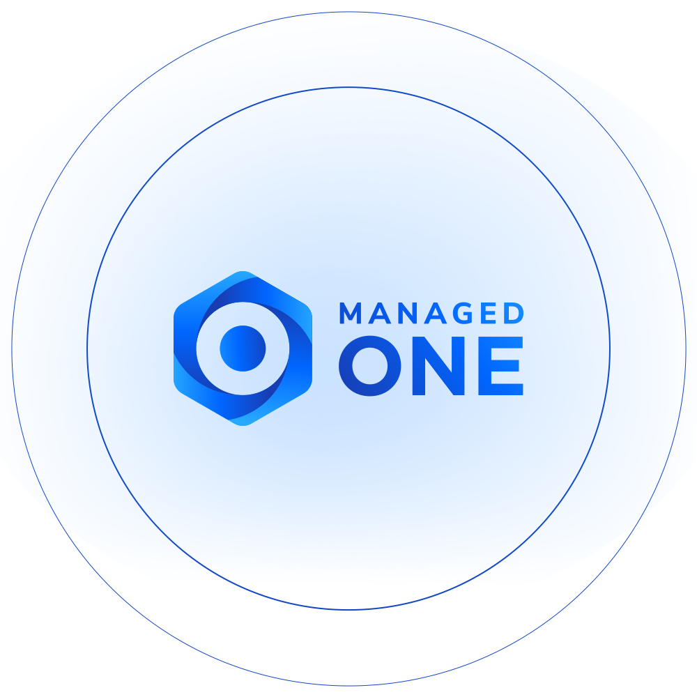Blue circular badge with a hexagonal logo and the words 'MANAGED ONE' in bold blue text on a blue background.