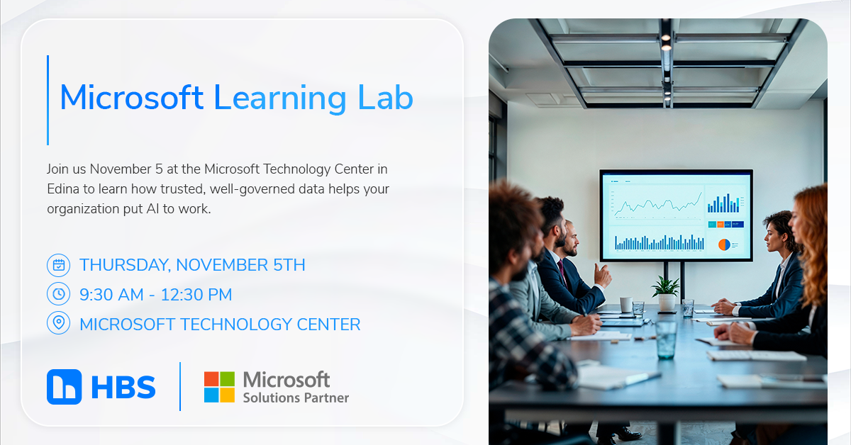 Banner announcing Microsoft Learning Lab event: Thursday, November 5, 9:30 AM–12:30 PM at Microsoft Technology Center, Edina, with HBS and Microsoft Solutions Partner logos.