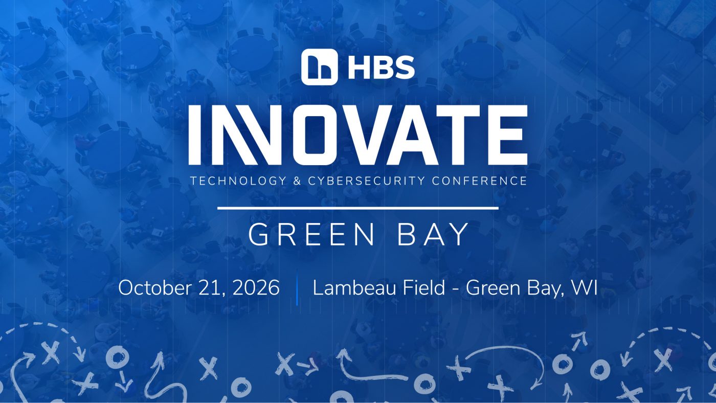 Aerial view of round tables at an event with people gathered around them. Dark blue gradient overlay over the photo with white HBS logo and white Innovate conference logo are displayed on top of the image and gradient. Below this, the words "GREEN BAY" are displayed in all caps in a thin font and the date and location of the event are below.