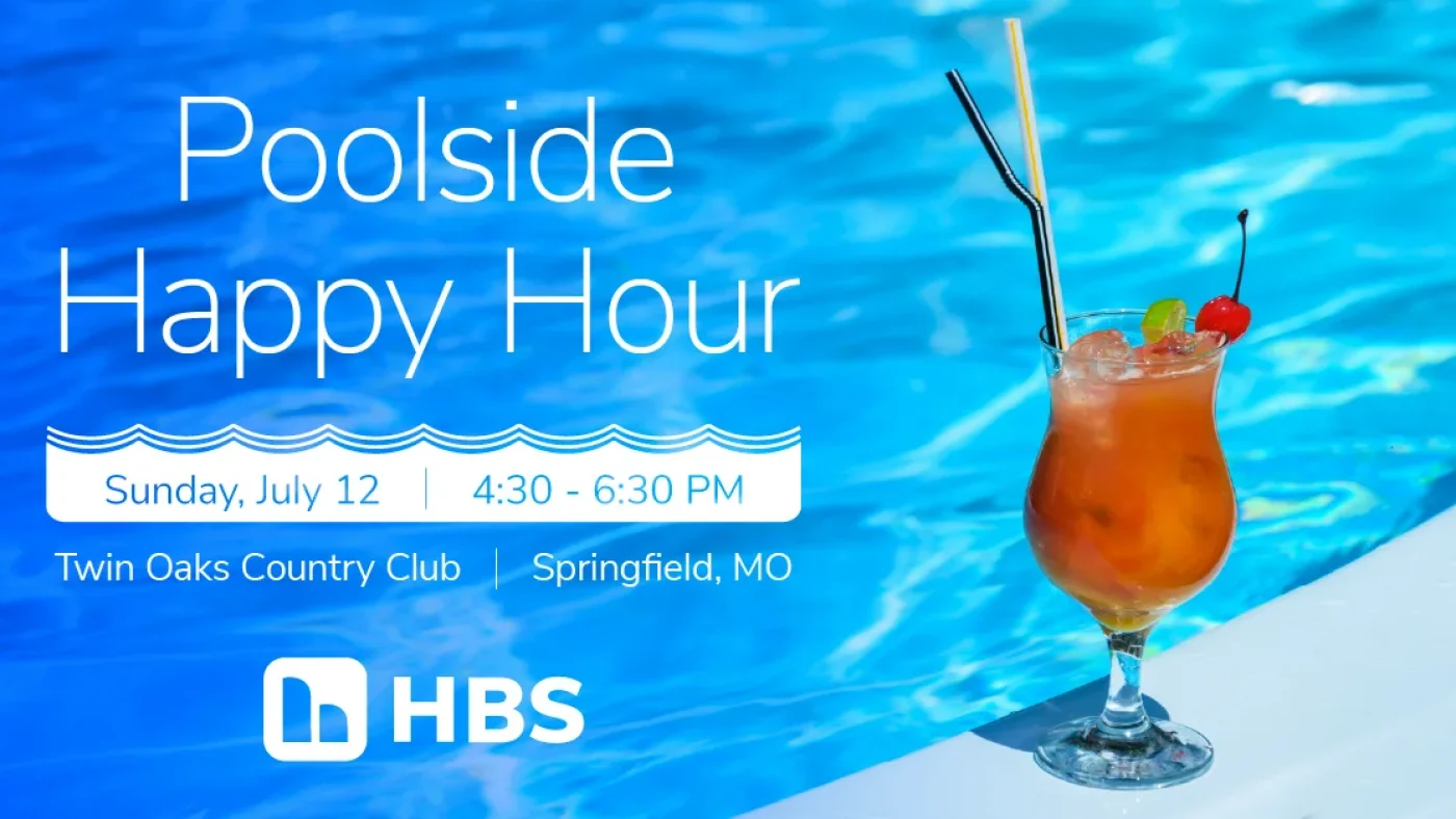 Poolside Happy Hour banner with a tropical drink and pool background; event details: Sunday, July 12, 4:30–6:30 PM at Twin Oaks Country Club, Springfield, MO.