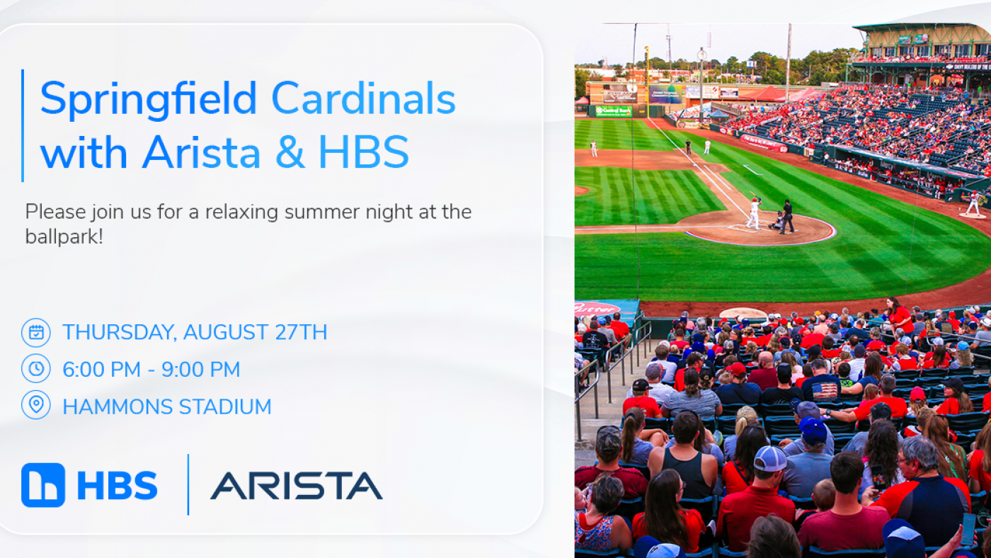 Promotional card for Springfield Cardinals event with Arista & HBS; includes date, time, and venue, beside a stadium filled with fans on the right.
